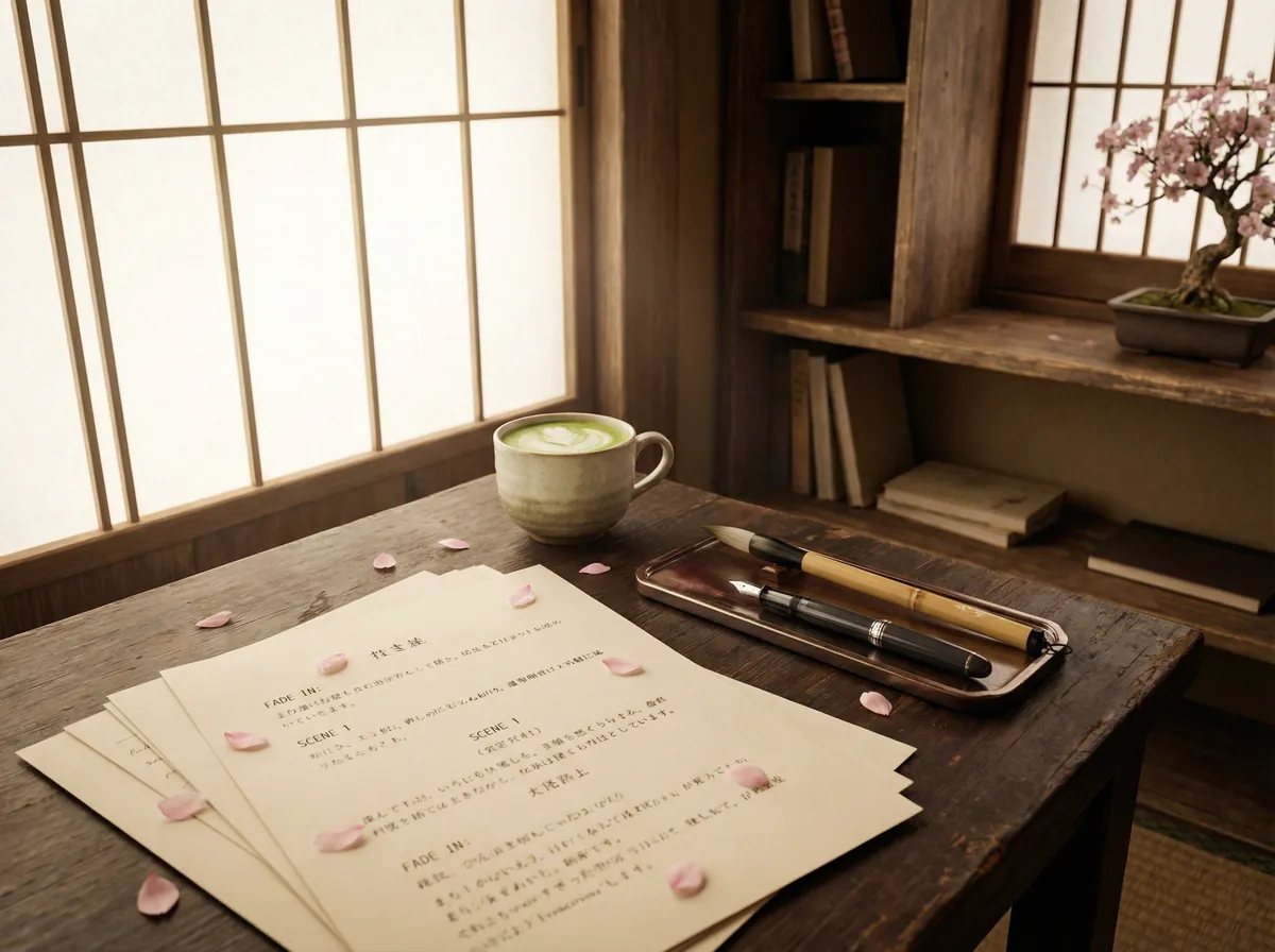 编剧咖啡馆 日式创作场景 - 手稿与樱花